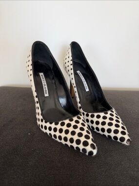 Manolo Blahnik Black and White Polka Dot Pointed Pumps
